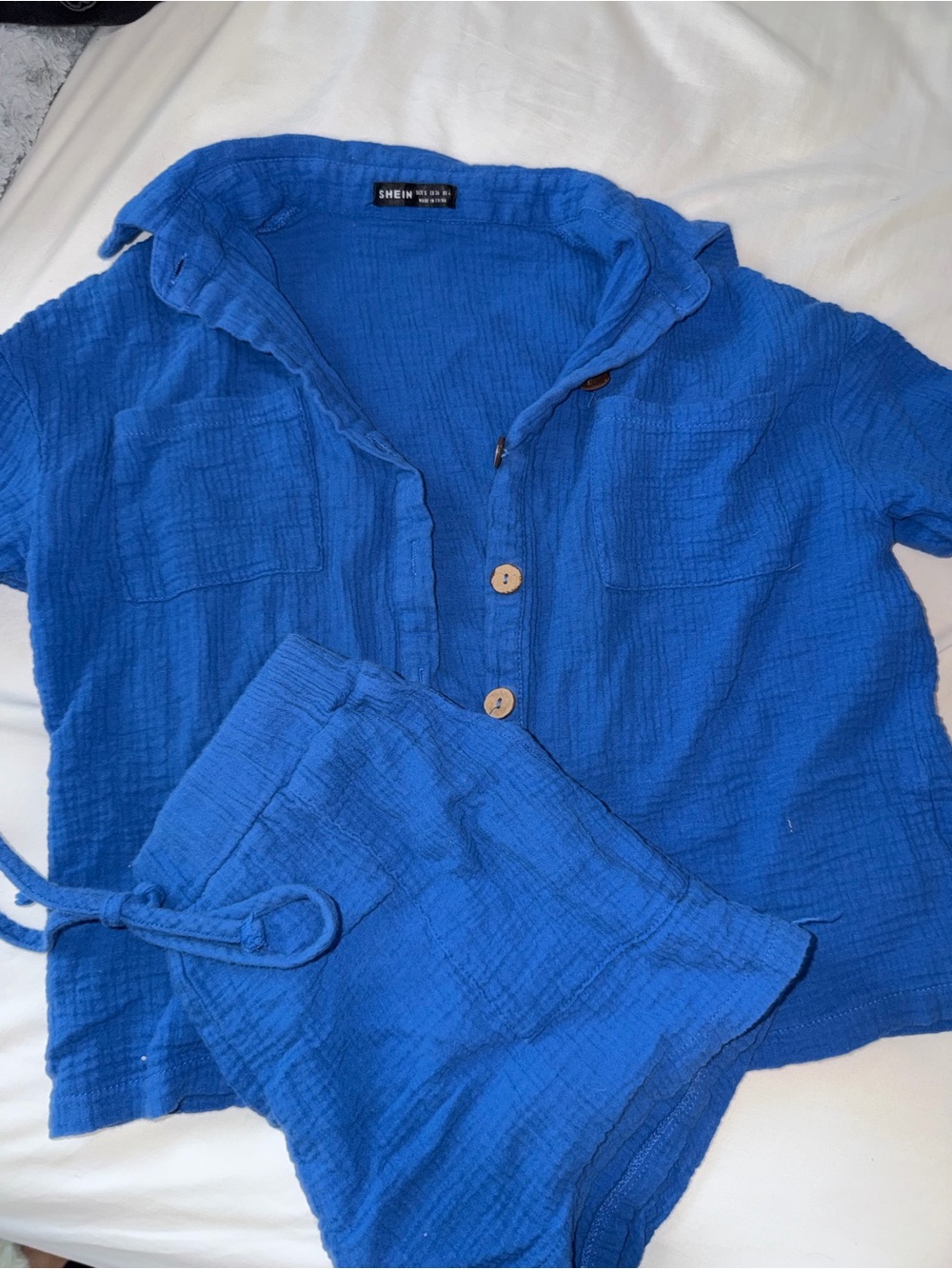 SHEIN Women’s Royal Blue Button-Front Top & Drawstring Shorts Set